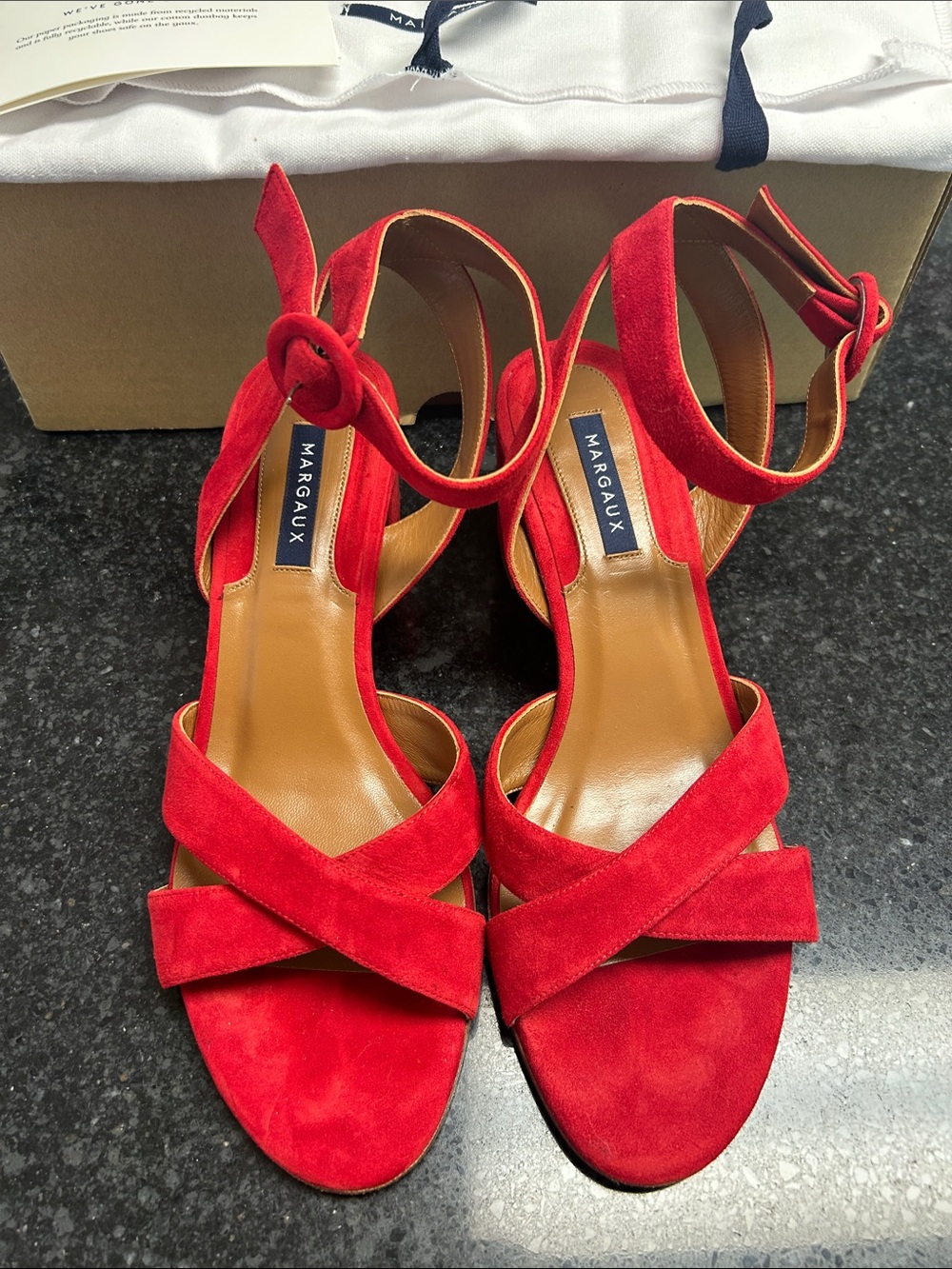 Margaux Red Suede 8.5W 39.5 Ankle-Strap Sandals heels. City Sandal poppy